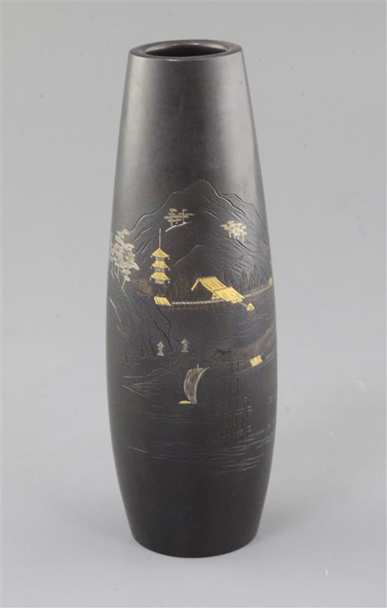 A Japanese bronze and mixed metal vase, Meiji period, height 18cm